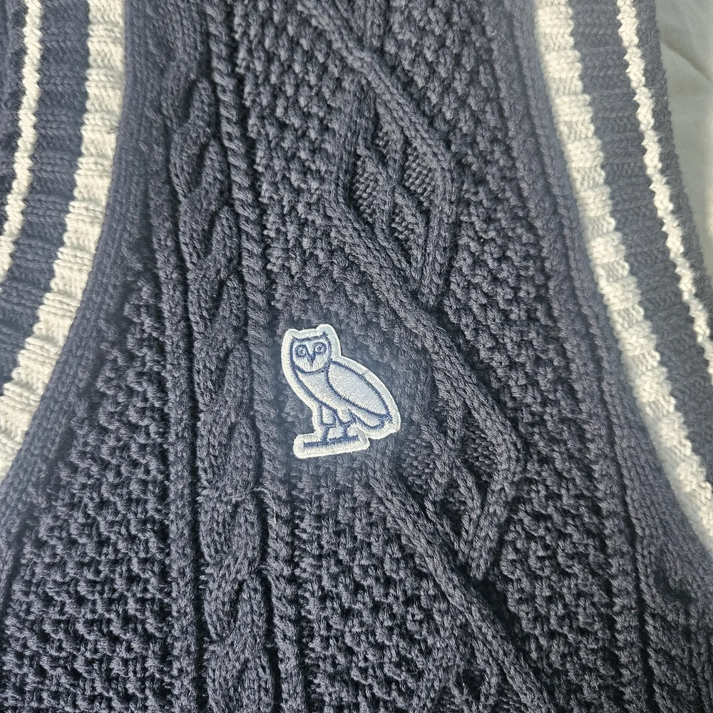 OVO x UofT Women's Cable Knit Sweater Vest Navy White 100% Cotton Large - Picture 5 of 8
